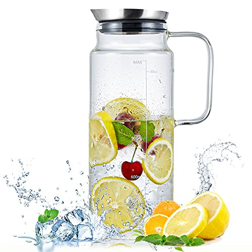 Glass Pitcher with Stainless Steel Lid, Water Pitcher with Spout  and  Handle, 50oz/1.5L Iced Tea Jug with Scale Line for Lemonade/Milk/Cold/Hot Beverage, Heat Resistant Glass Carafe for Homemade Juice