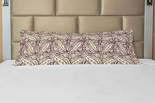 Ambesonne Brown Paisley Body Pillow Case Cover with Zipper, Intertwined Abstract Leaves Curvy Ornaments Nature Theme Print, Decorative Accent Long Pillowcase, 21" x 54", Dark Mauve and Champagne