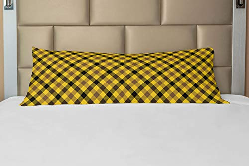 Ambesonne Yellow Brown Body Pillow Case Cover with Zipper, Continuous Classic Striped Style Diagonal Square Check, Decorative Accent Long Pillowcase, 21" x 54", Mustard Umber