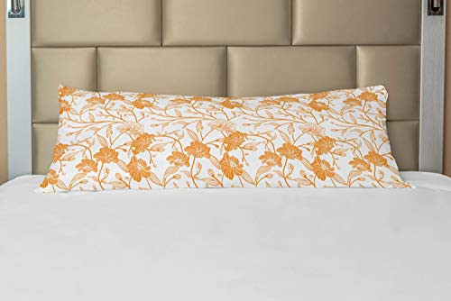 Ambesonne Orange and White Body Pillow Case Cover with Zipper, Abstract Drawing of Flowering Stems Blooming Buds Nature Coming Alive, Decorative Accent Long Pillowcase, 21" x 54", Orange White
