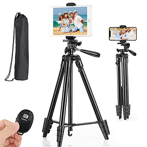 Phone Tripod Stand, Eocean 50 Extendable Lightweight Aluminum Tripod Stand with Universal Phone and Tablet Holder Mount and Wireless Remote Shutter, Compatible with Tablet/Cell Phone/Camera
