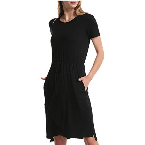 Soatrld Women's MiDi Dress Round Neck Short Sleeve Casual Summer Dress with Elastic Waist and Side Pockets -XL, Black-