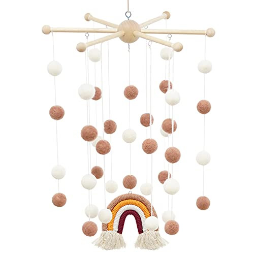 Baby Crib Mobile - Rainbow Wooden Mobile with Colorful Wool Felt Ball Boho Bassinet Mobile for Crib Newborn Toy for Baby Nursery and Ceiling Decoration