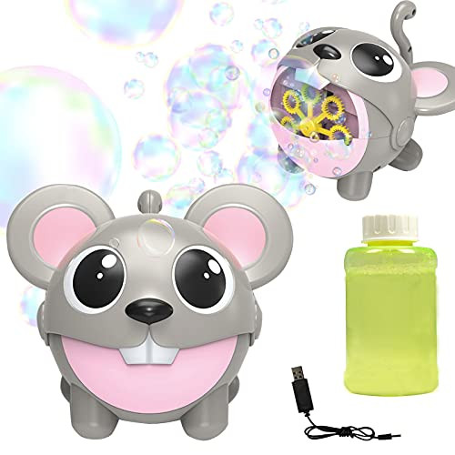Automatic Electric Bubble machine,USB Rechargeable Portable Bubble Maker with Bubble Solution  and  7 Bubble Wands,Fun Cute Cartoon Mouse Bubble Blower Blowing Toy Gift for Party Birthday Indoor Outdoor