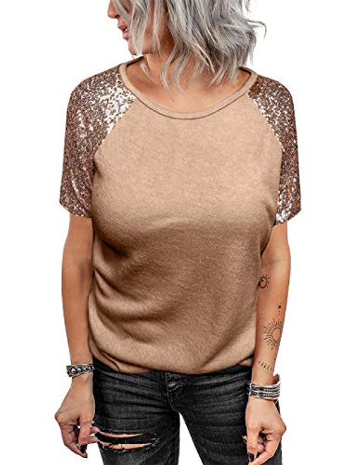Dokotoo Womens Ladies Summer Casual Loose Round Neck Sequin Short Sleeve Tunic Tops for Women Blouses Tee Shirts T-Shirt Khaki XL