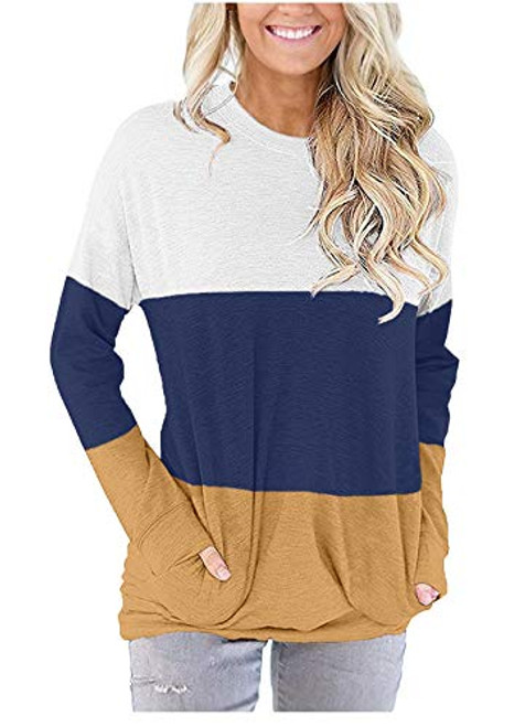 onlypuff Womens Long Sleeve Cotton Shirt Color Block Pocket Tee Shirt Stripe Tunic Tops White XL onlypuff Womens Long Sleeve Cotton Shirt Color Block Pocket Tee Shirt Stripe Tunic Tops White XL