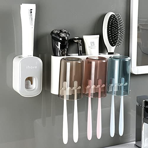 iHave Toothbrush Holder, 3 Cups Toothbrush Holder Wall Mounted and Toothpaste Dispenser Set, Premium Tooth Brush Holder for Bathroom with Toothpaste Squeezer