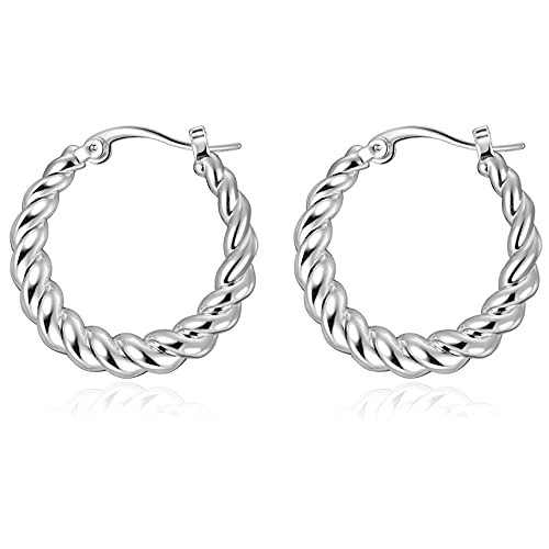 Twisted Hoop Earrings, 14K White Gold Plated 925 Sterling Silver Twisted Rope Round Hoop Earrings Lightweight Dainty Silver Huggie Hoop Earrings for Women Mothers Gift