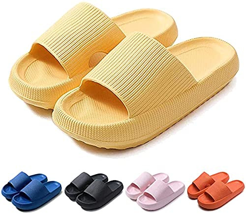 Sharllen Pillow Slides Slippers Lightweight Massage Shower Bathroom Slipper Super Soft Non-Slip Quick Drying Thick Sole Open Toe Sandals EVA Platform for Women and Men Home Slippers for Indoor  and  Outdoor - Yellow