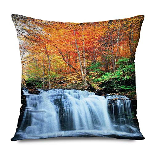 Onete Throw Pillow Cover Waterfall Waterfalls Autumn Season Nature Park Colorful Foliage Trees Orange Green Dark Brown Pillowcase Home Decor 20x20 Inches Cushion Case for Bedroom Sofa Living Room