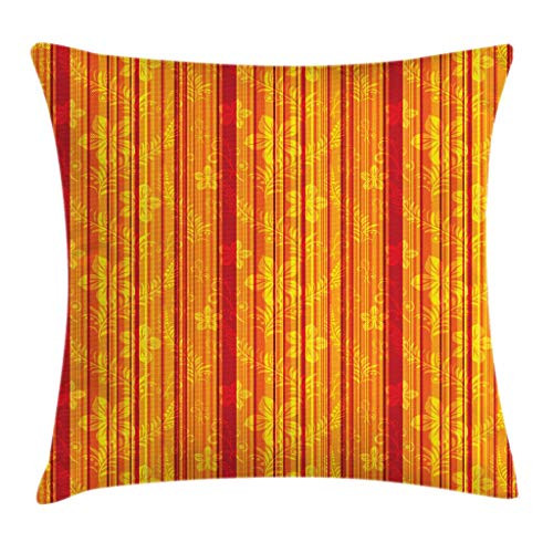 KKONEDS Orange Throw Pillow Cushion Cover, Vertically Stripes Pattern with Stylized Flowers Swirled Leaves and Dots Design, Decorative Square Accent Pillow Case,Orange Yellow 18x18inch