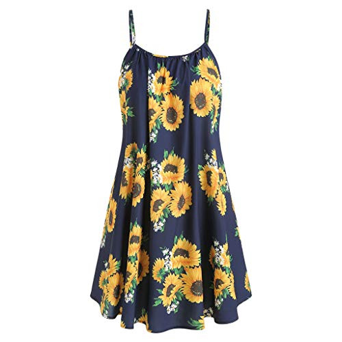 TWGONE Sunflower Print Dress for Women Slash Neck Sleeveless Draped Strap Mini Sundress -Medium,Navy-