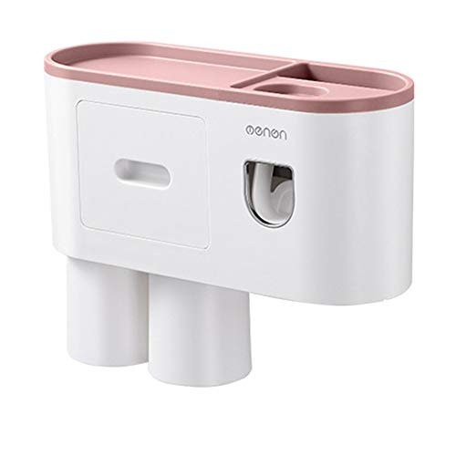 Toothpaste Dispenser Toothbrush Holder Wall Mounted Automatic Squeezer with 2 Cups Organizer for Bathroom Pink,Multifunctional Brush Accessories