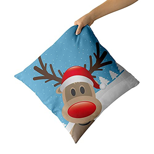 OUTIWA Throw Pillow Cushion Cover,Pillow Case,Christmas, Reindeer Rudolph with Red Nose and Santa Claus Hat Snowy Forest,Brown Blue Polyester Decorative Square Accent Pillow Case 12"x12"