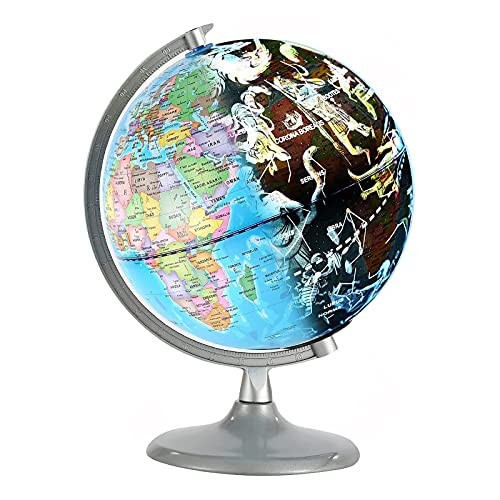 SOONHUA Illuminated World Globe for Kids with Stand,8.6 inch Educational Geographic Globe World Globe,3 in 1 Interactive Educational Desktop Earth Globe|LED Night Light Lamp,with Constellation Booklet