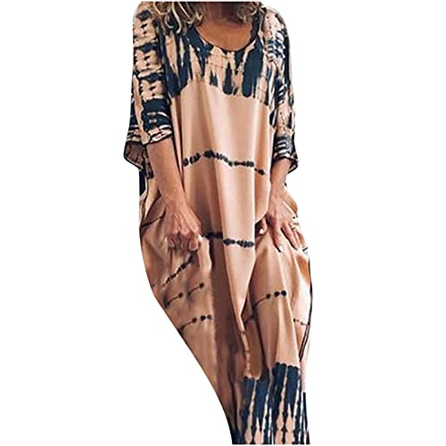 Women's Boho Maxi Short Sleeve Split Pockets Tie Dye Long Casual O-Neck Loose Dress Floor Lenght Maxi Dress Khaki Women's Boho Maxi Short Sleeve Split Pockets Tie Dye Long Casual O-Neck Loose Dress Floor Lenght Maxi Dress Khaki