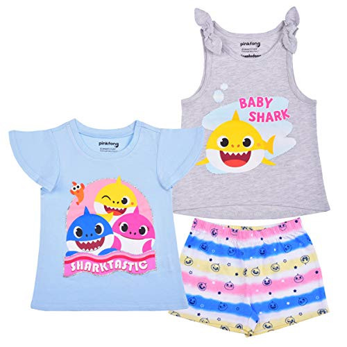 Nickelodeon Baby Shark Girl's 3 Pack Short Sleeves Tee, Sleeveless Shirt and Shorts Set for Kids, 4T Light Blue