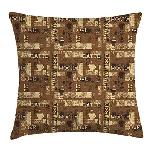 Coffee Throw Pillow Cushion Cover, Cafeteria Pattern with Hot Mocha Latte Milk Love Typography on Scribble Backdrop, Decorative Square Accent Pillow Case, 18 X 18 Inches, Brown Beige