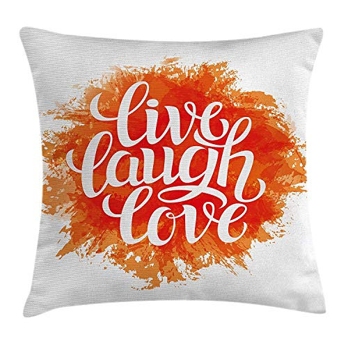 Live Laugh Love Throw Pillow Cushion Cover, Hand Drawn Style Cheerful Brushstroke Background Motivation Phrase Print, Decorative Square Accent Pillow Case, 18 X 18 Inches, Orange White
