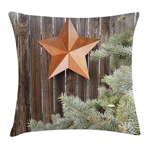 Primitive Country Throw Pillow Cushion Cover, Big Orange Star on Rough Wood Fences Pine and Branches Print, Decorative Square Accent Pillow Case, 18 X 18 Inches, Orange Green Brown