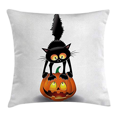 Halloween Decorations Throw Pillow Cushion Cover, Black Cat on Pumpkin Spooky Cartoon Characters Halloween Humor Art, Decorative Square Accent Pillow Case, 18 X 18 Inches, Orange Black