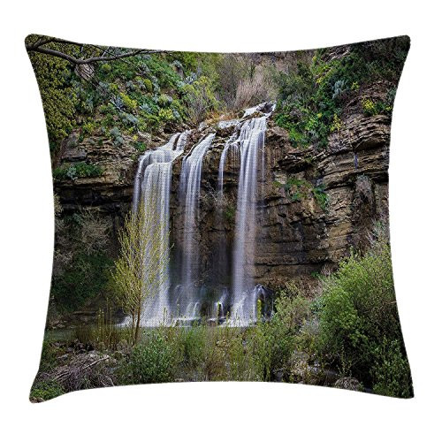 Nature Throw Pillow Cushion Cover, Photo of Waterfall Forest Jungle Corleone Sicily Rocks Trees Grass Landscape, Decorative Square Accent Pillow Case, 18 X 18 Inches, Brown Green White