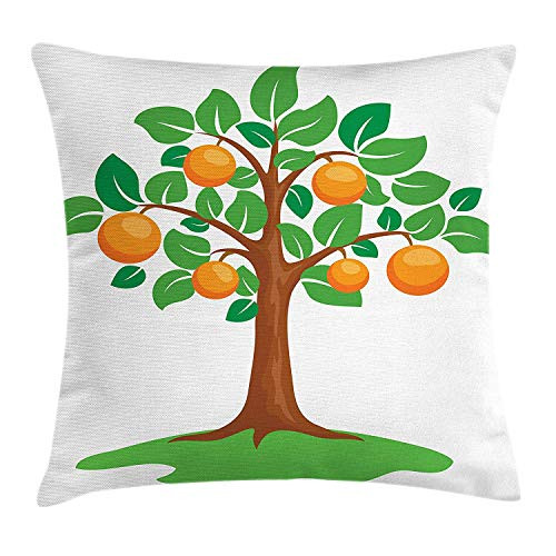 Green and Orange Throw Pillow Cushion Cover, Cartoon Style Fresh Orange Tree Nature Growth Illustration, Decorative Square Accent Pillow Case, 18 X 18 Inches, Orange Brown Fern Green