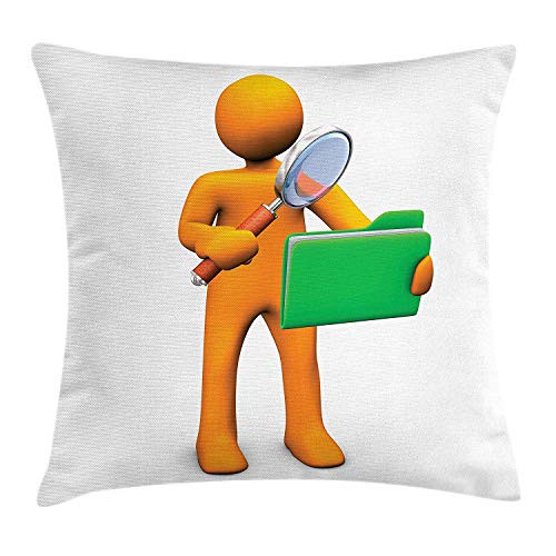 Green and Orange Throw Pillow Cushion Cover by, Orange Man with Magnifying Glass Searhcing a Green Folder, Decorative Square Accent Pillow Case, 18 X 18 Inches, Orange Fern Green Brown