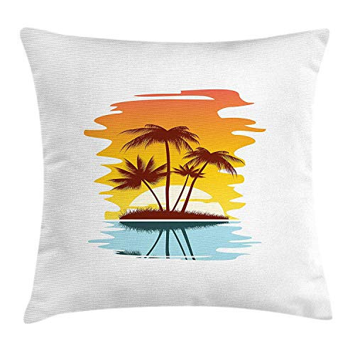 Beach Throw Pillow Cushion Cover, Tropical Abstract Background with Palm Trees and Sunset Ocean Coastline, Decorative Square Accent Pillow Case, 18 X 18 Inches, Orange Pale Blue Brown