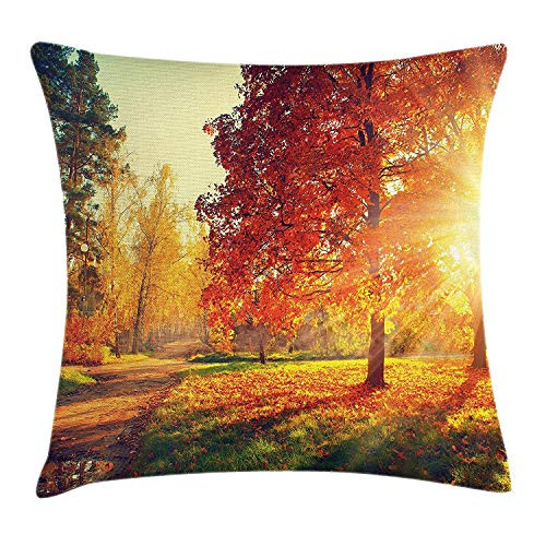 Fall Throw Pillow Cushion Cover, Vibrant Misty Day in Forest Sun Rays Trees Foliage Fallen Leaves Calm View, Decorative Square Accent Pillow Case, 18 X 18 Inches, Orange Yellow Green