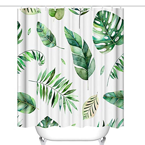 Final Friday Palm Leaves Fabric Shower Curtain Sets Decorations Bathroom Decor with Hooks (100% Polyester, Waterproof, Washable) - 71 x 71 inches, Green