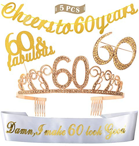 60th Birthday Decorations Party Supplies | Gold 60th Birthday Tiara | 60th White Satin Sash Damn I make 60 look good | Gold Glittery Cheers to 60 Years Banner | 60 Golden Rhinestone Brooch (Gold)
