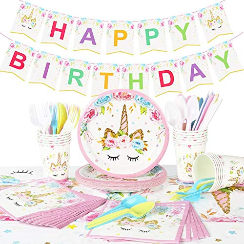 Unicorn Party Supplies Set & Tableware Kit, Unicorn Gifts for Girls, Birthday Decorations Banner, Disposable Paper Plates, Cups, Napkins, Table Cloth - Serves 16 Unicorn Party Supplies Set & Tableware Kit, Unicorn Gifts for Girls, Birthday Decorations Banner, Disposable Paper Plates, Cups, Napkins, Table Cloth - Serves 16