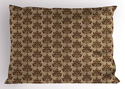 Chocolate Pillow Sham, Damask Inspired Abstract Eastern Culture Pattern Ornamental Floral Grunge Design, Decorative Standard Queen Size Printed Pillowcase, 30 X 20 inches, Brown Tan