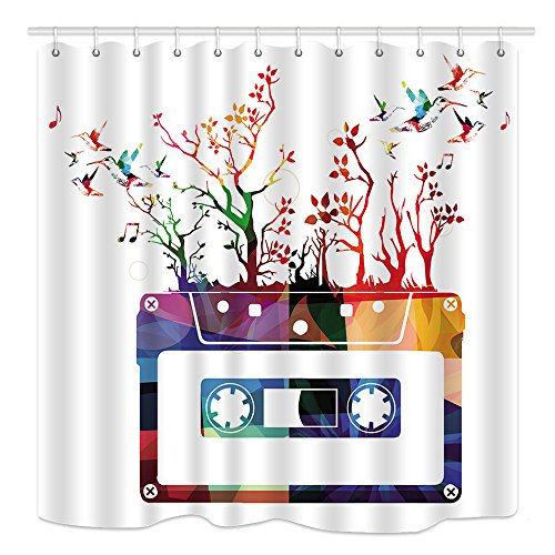 DYNH Colorful Music Cassette Tape and Hummingbirds Shower Curtain, Waterproof Fabric Polyester Bathroom Decor, Bath Curtains Accessories, with Hooks, 69X70 Inches