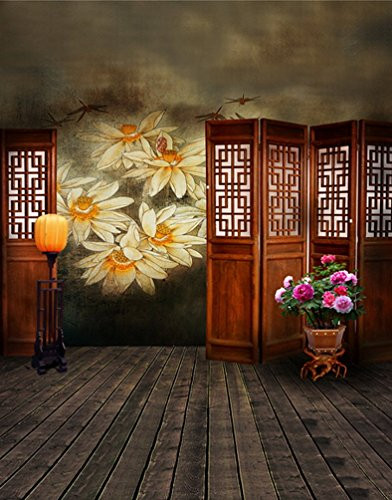 Chinese Traditional Screen Wooden Floor Flowers Painting Photography Backdrops Photo Props Studio Background 5x7ft