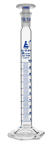 Measuring Cylinder, 10ml - Class B - 10/19 Polypropylene Stopper - Hexagonal Base, Blue Graduations - Borosilicate Glass - Eisco Labs