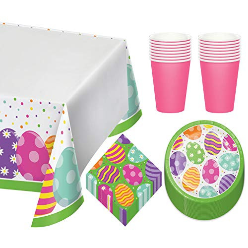 Spring Green Bright Easter Egg Party Pack - Paper Dessert Plates, Beverage Napkins, Cups, and Table Cover Set -Serves 16-