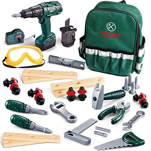 FUN LITTLE TOYS 35 Pieces Kids Tool Set, Including Electronic Cordless Drill, Pretend Play Toy Tool Accessories and a Sturdy Tool Bag