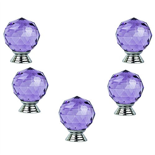 Ideal Decor 30mm 5PCS Purple Round Crystal Cabinet Knobs-Diamond Shape Wardrobe Door Knobs/Cupboard Drawer Pull Handle/Clear Glass Dresser Knobs,Come with Screws