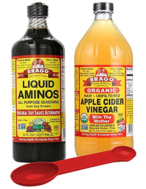 Braggs Organic Health Saver Package: Braggs Organic Liquid Aminos 32 oz plus Bragg's Apple Cider Vinegar Organic Raw Unfiltered, 32 Oz; With Bonus Measuring Spoon Braggs Organic Health Saver Package: Braggs Organic Liquid Aminos 32 oz plus Bragg's Apple Cider Vinegar Organic Raw Unfiltered, 32 Oz; With Bonus Measuring Spoon
