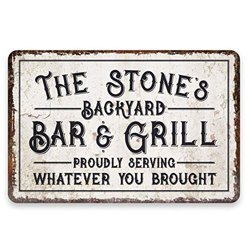 Volluroy Personalized Customization Vintage Distressed Look Backyard Bar Grill Metal Sign Home Wall Decor Proudly Serving Whatever You Brought Art Placard Signs Gifts