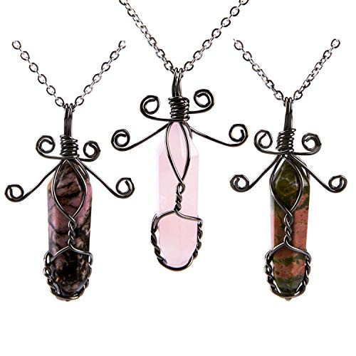 Bivei Rose Quartz Unakite Rhodonite Wire Wrap Healing Crystal Pointed Gemstone Chakra Pendant Necklace-Pack of 3- Bivei Rose Quartz Unakite Rhodonite Wire Wrap Healing Crystal Pointed Gemstone Chakra Pendant Necklace-Pack of 3-
