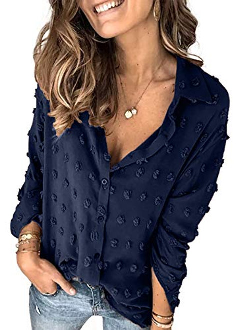 Sidefeel Womens Casual V Neck Swiss Dot Pom Pom Buttom Down Stand Collar Shirt Solid Color Long Sleeve Chiffon Blouse Tops Blue XX-Large