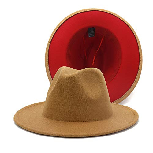 REVKI Wide Brim Fedora Hats for Women Dress Hats for Men Two Tone Panama Hat with Belt Buckle -Camel-