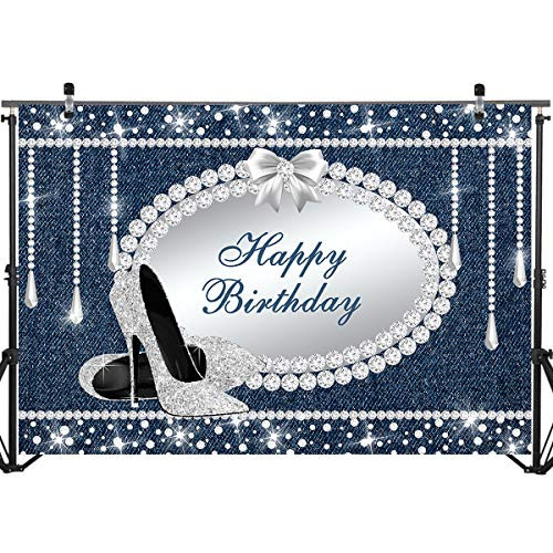 Mocsicka Denim and Diamond Backdrop 7x5ft Vinyl Happy Birthday High Heel Theme Party Photo Booth Backdrops Diamond Decoration Birthday Party Banner Photography Background