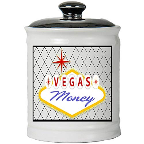 Cottage Creek Jar, Vegas Money Jar, Round Ceramic Vegas Piggy Bank with Black Lid, Las Vegas Casino Saving Jar [White-