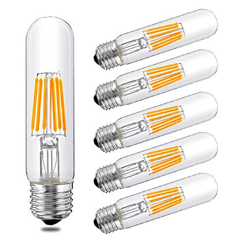 T10 6W Tubular LED Bulb, Dimmable Led Edison Bulb,Led Filament Bulb, T10 Nostalgic Led Bulb, E26 Medium Base, 60 Watt Bulb Equivalent, 2700K Warm White,550LM,Clear Glass Cover, 6 Pack