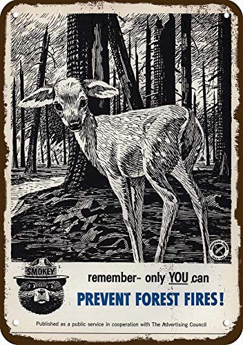 Yilooom 1962 Ad Council Vintage Look Replica Metal Sign 7" x 10"- Smokey The Bear  and  Fawn - Fire