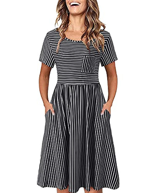 OUGES Womens Casual Summer Sundress Round Neck Short Sleeve Dress Knee Length Swing Dress-Stripe03, XL- OUGES Womens Casual Summer Sundress Round Neck Short Sleeve Dress Knee Length Swing Dress-Stripe03, XL-